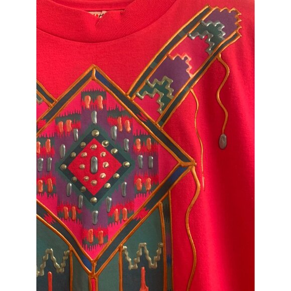 Hanes 50/50 Pink Raspberry Aztec Puffy Paint T-Shirt Large Womens Art to Wear - Picture 7 of 8